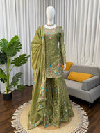 Prazu Fashion Mahendi Art Silk Thread Sequnce With Rivet Moti Sharara Suit | Grocsy