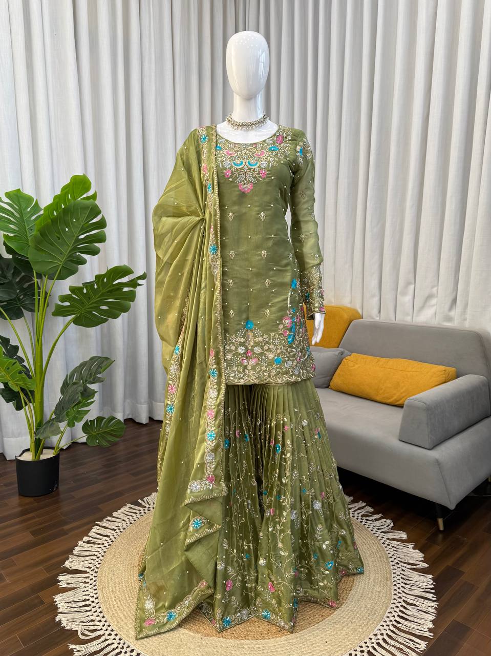 Prazu Fashion Mahendi Art Silk Thread Sequnce With Rivet Moti Sharara Suit | Grocsy