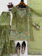 Prazu Fashion Mahendi Art Silk Thread Sequnce With Rivet Moti Sharara Suit | Grocsy