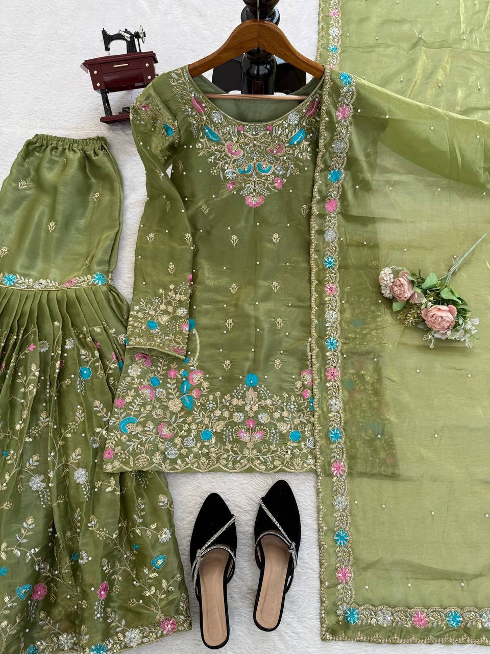 Prazu Fashion Mahendi Art Silk Thread Sequnce With Rivet Moti Sharara Suit | Grocsy