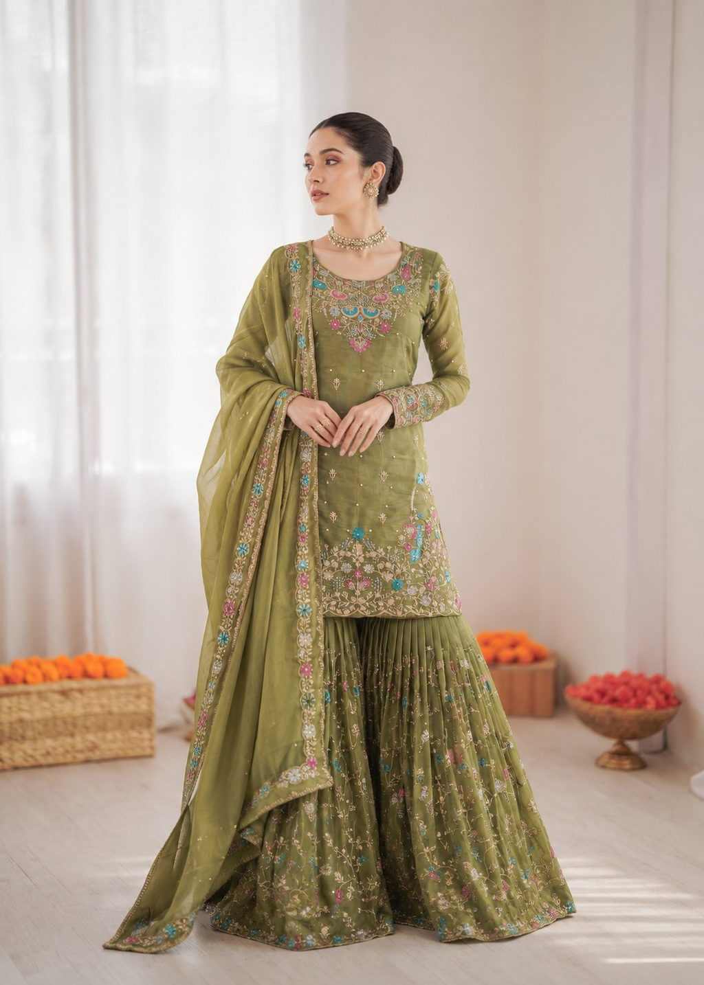 Prazu Fashion Mahendi Art Silk Thread Sequnce With Rivet Moti Sharara Suit | Grocsy