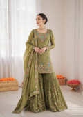 Prazu Fashion Mahendi Art Silk Thread Sequnce With Rivet Moti Sharara Suit | Grocsy