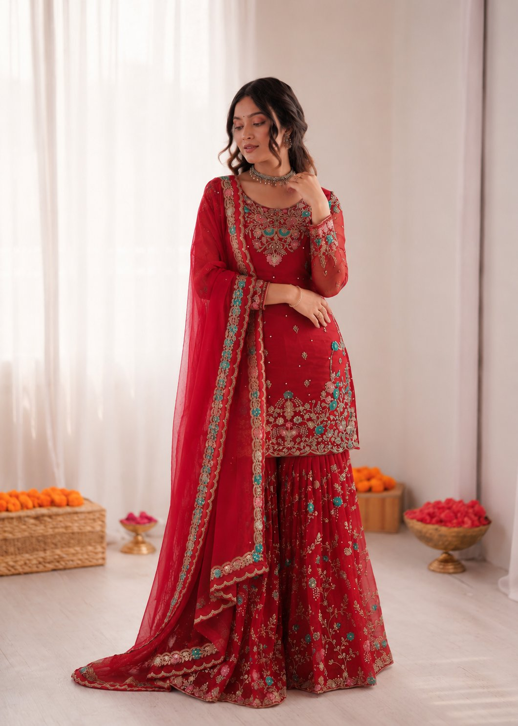Prazu Fashion Red Art Silk Thread Sequnce With Rivet Moti Sharara Suit | Grocsy
