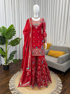 Prazu Fashion Red Art Silk Thread Sequnce With Rivet Moti Sharara Suit | Grocsy
