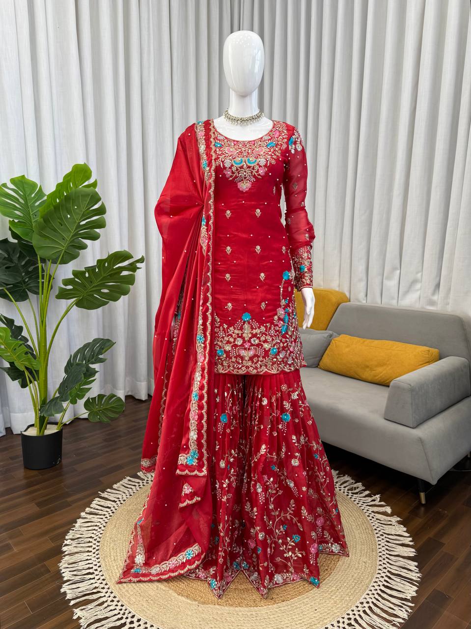 Prazu Fashion Red Art Silk Thread Sequnce With Rivet Moti Sharara Suit | Grocsy