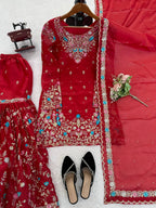 Prazu Fashion Red Art Silk Thread Sequnce With Rivet Moti Sharara Suit | Grocsy