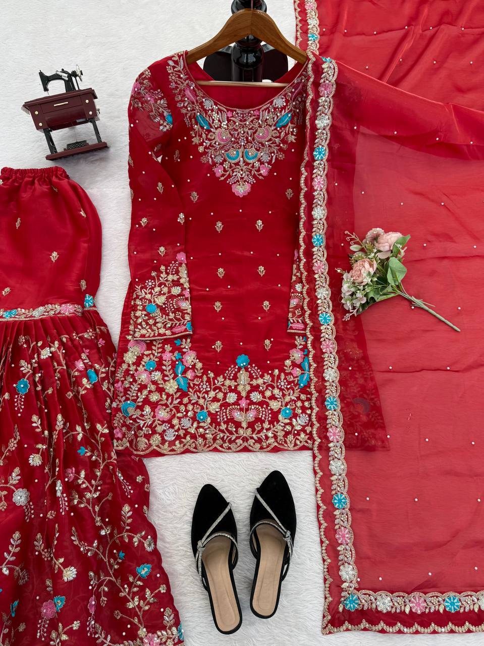 Prazu Fashion Red Art Silk Thread Sequnce With Rivet Moti Sharara Suit | Grocsy