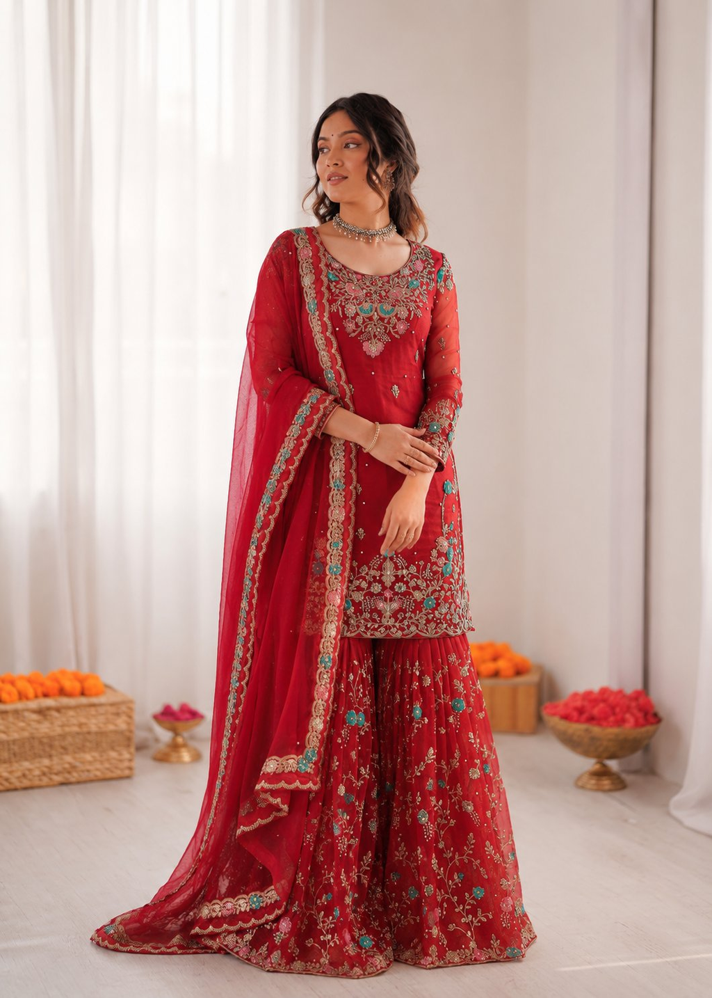 Prazu Fashion Red Art Silk Thread Sequnce With Rivet Moti Sharara Suit | Grocsy