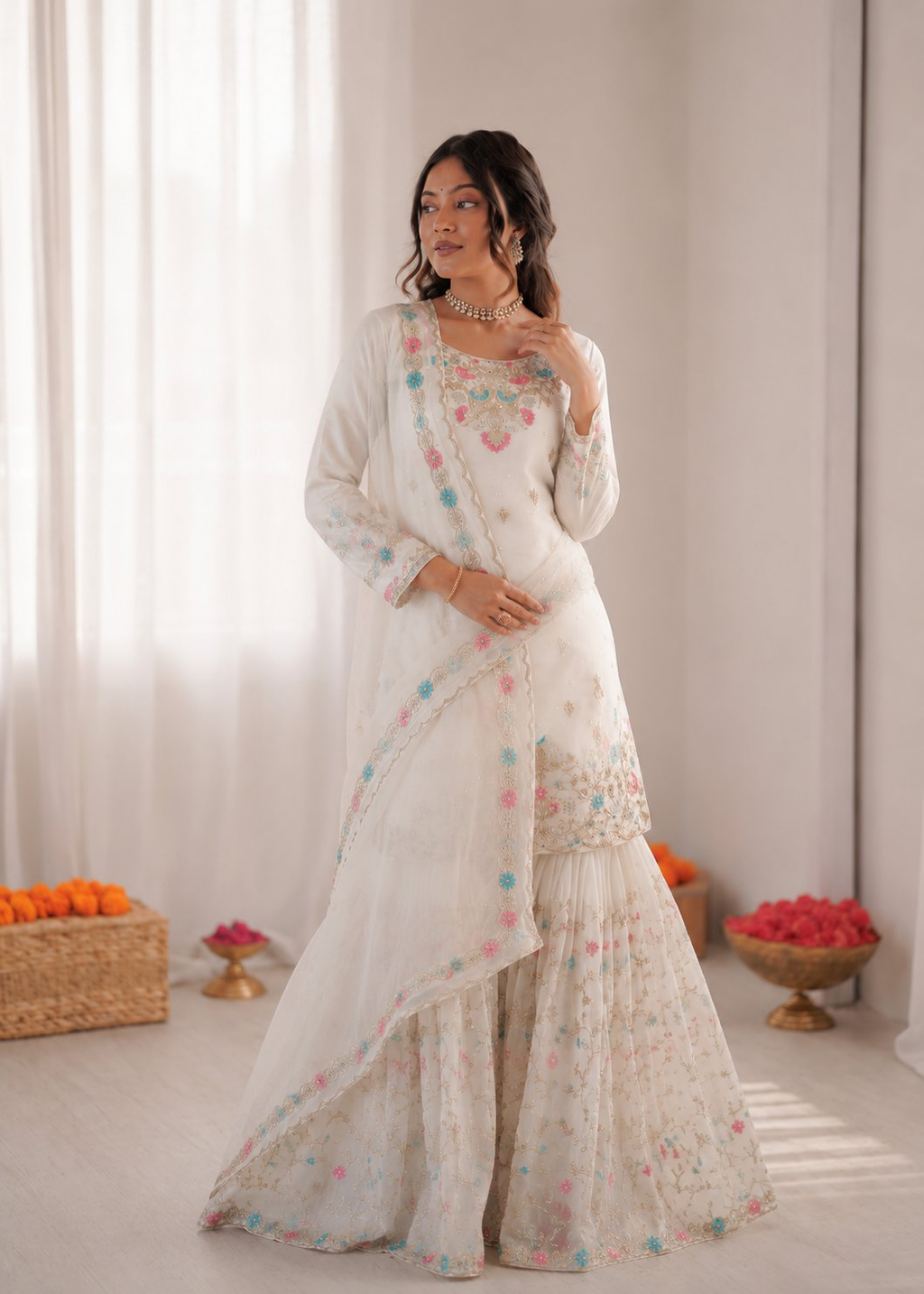 Prazu Fashion Off White Art Silk Thread Sequnce With Rivet Moti Sharara Suit | Grocsy
