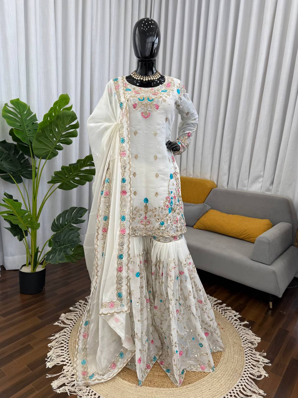 Prazu Fashion Off White Art Silk Thread Sequnce With Rivet Moti Sharara Suit | Grocsy