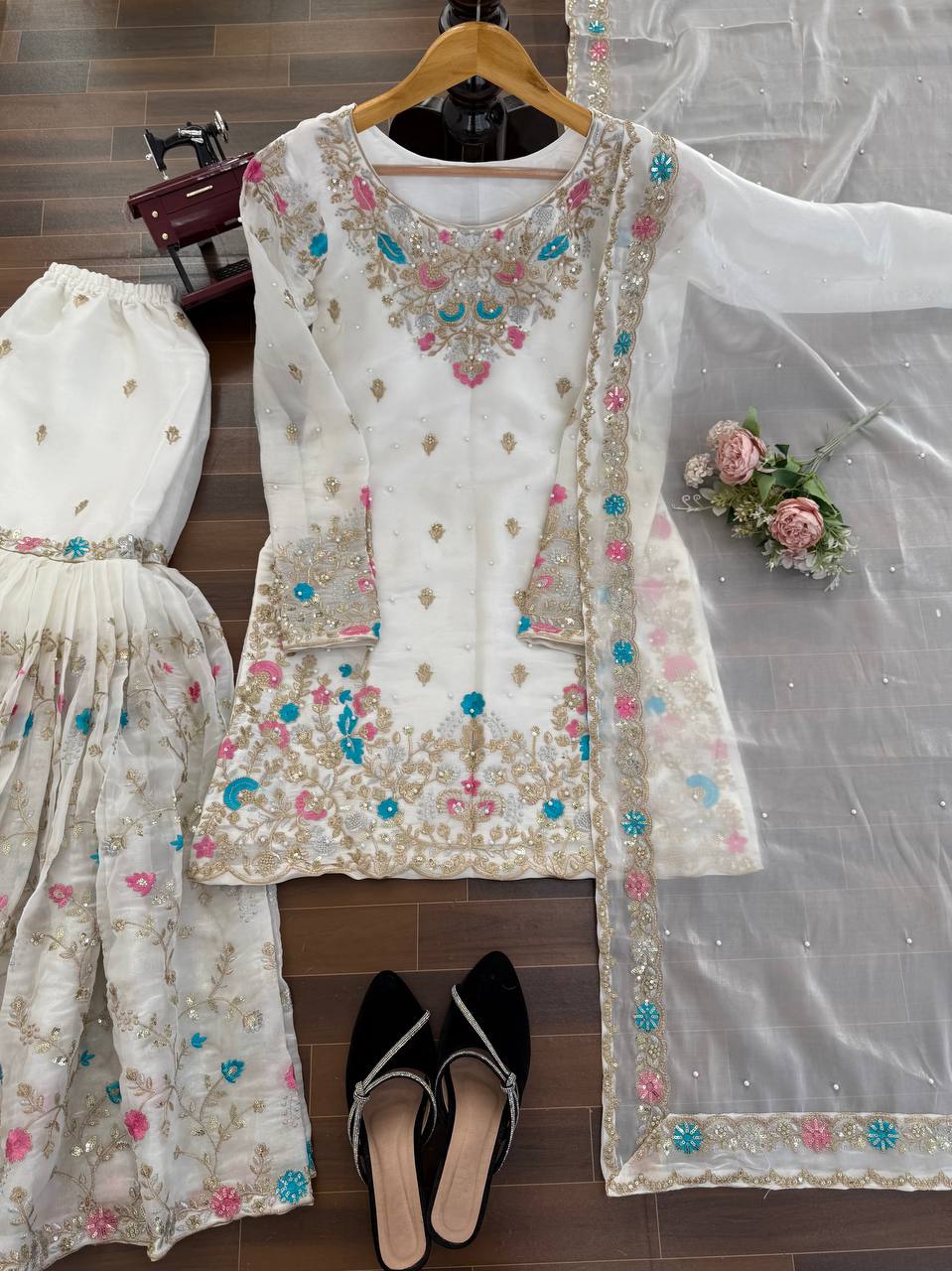 Prazu Fashion Off White Art Silk Thread Sequnce With Rivet Moti Sharara Suit | Grocsy
