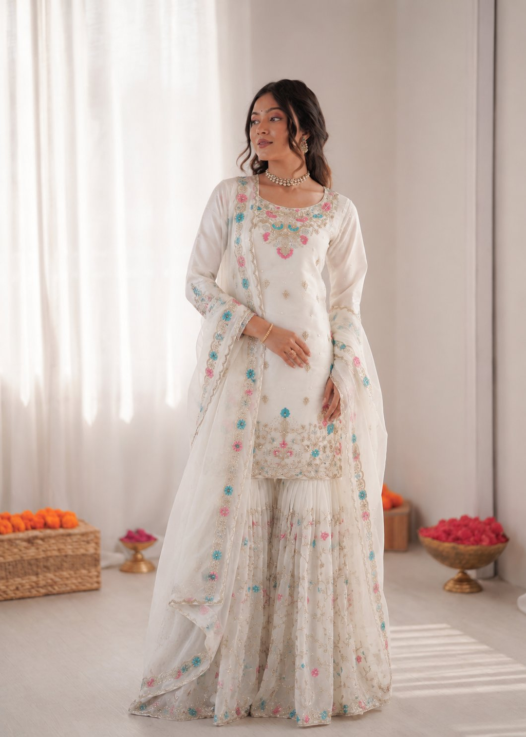 Prazu Fashion Off White Art Silk Thread Sequnce With Rivet Moti Sharara Suit | Grocsy