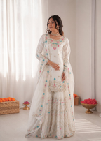 Prazu Fashion Off White Art Silk Thread Sequnce With Rivet Moti Sharara Suit | Grocsy
