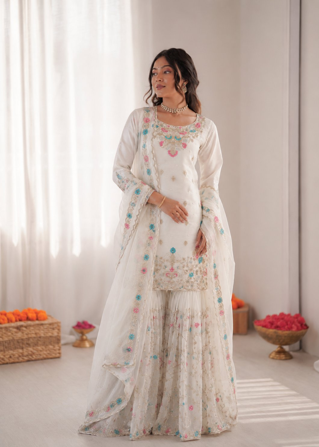 Prazu Fashion Off White Art Silk Thread Sequnce With Rivet Moti Sharara Suit | Grocsy