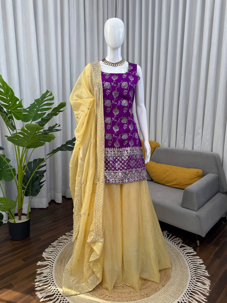 Prazu Fashion Purple Jacquard Thread With Sequence Designer Palazzo Suit | Grocsy