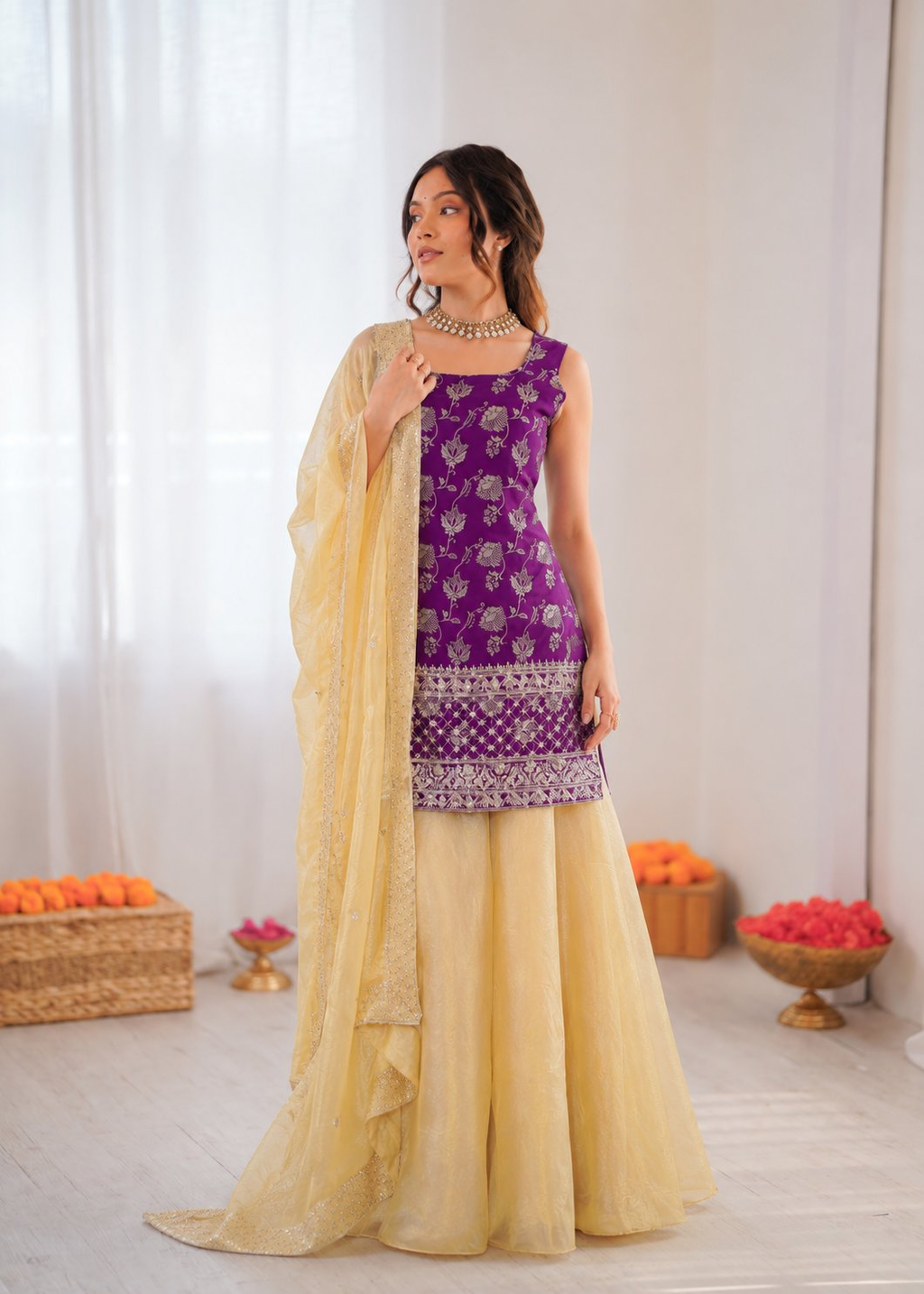Prazu Fashion Purple Jacquard Thread With Sequence Designer Palazzo Suit | Grocsy