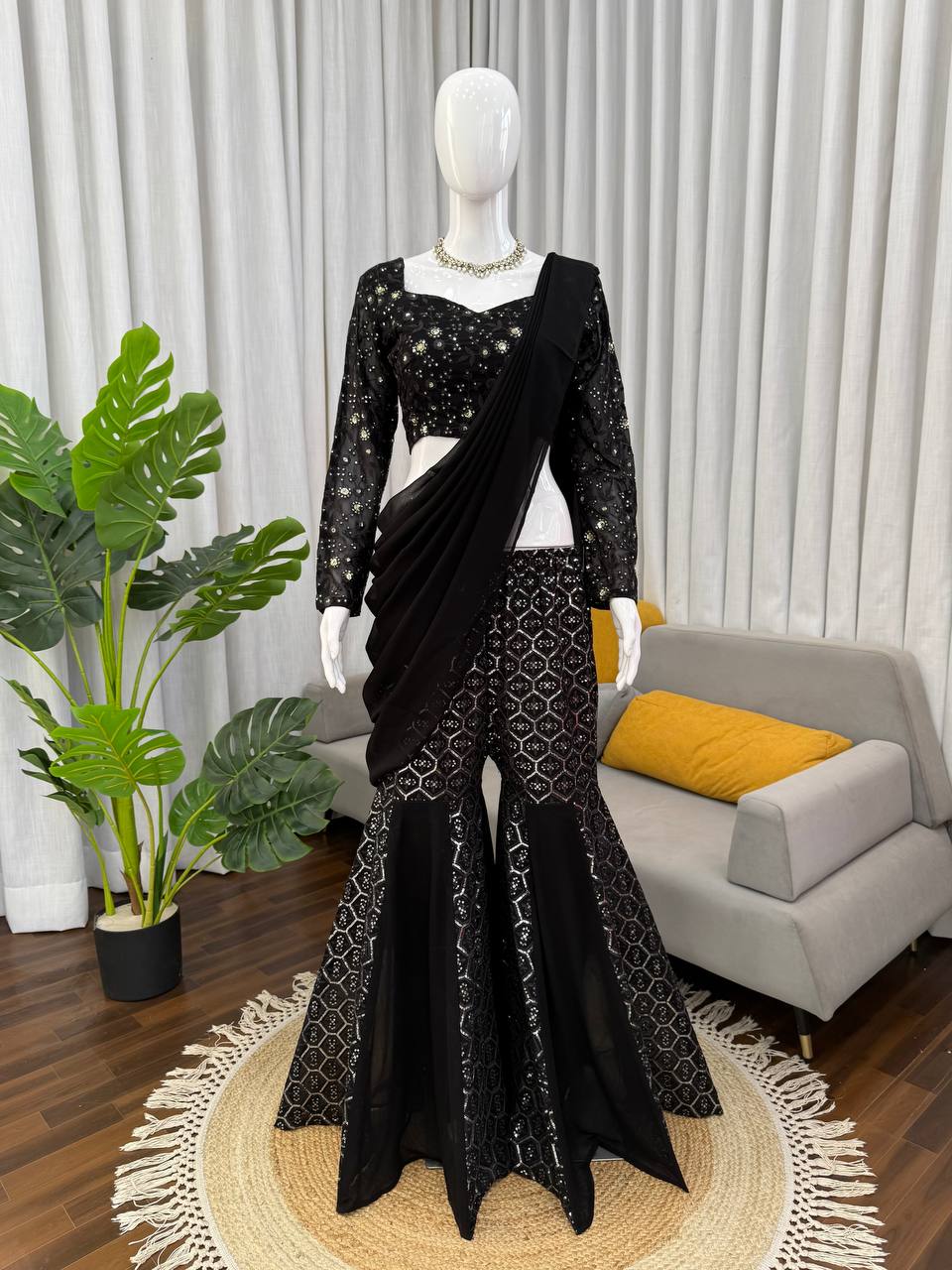 Prazu Fashion Black Georgette Thread With Sequence Western Sharara Suit | Grocsy