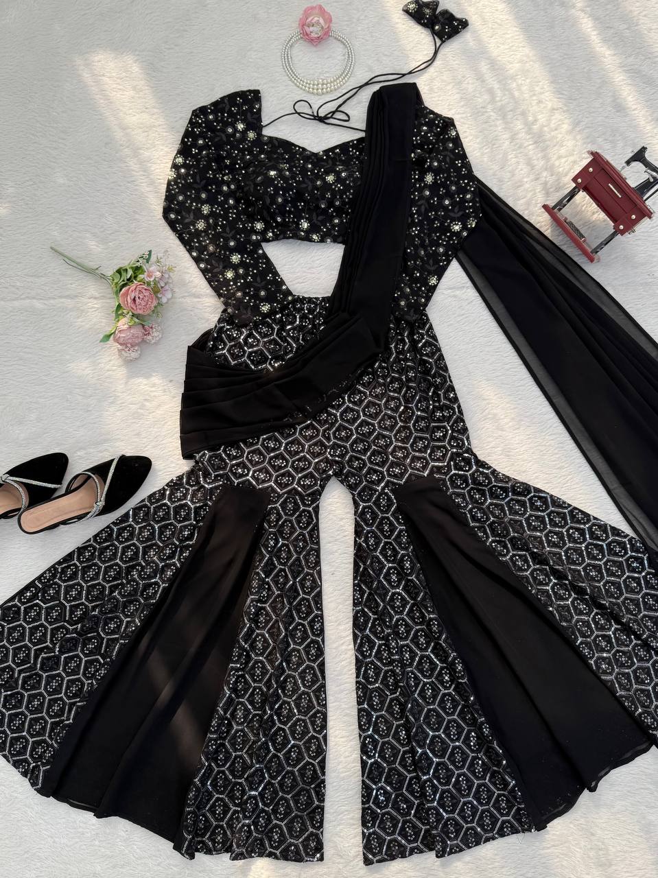 Prazu Fashion Black Georgette Thread With Sequence Western Sharara Suit | Grocsy
