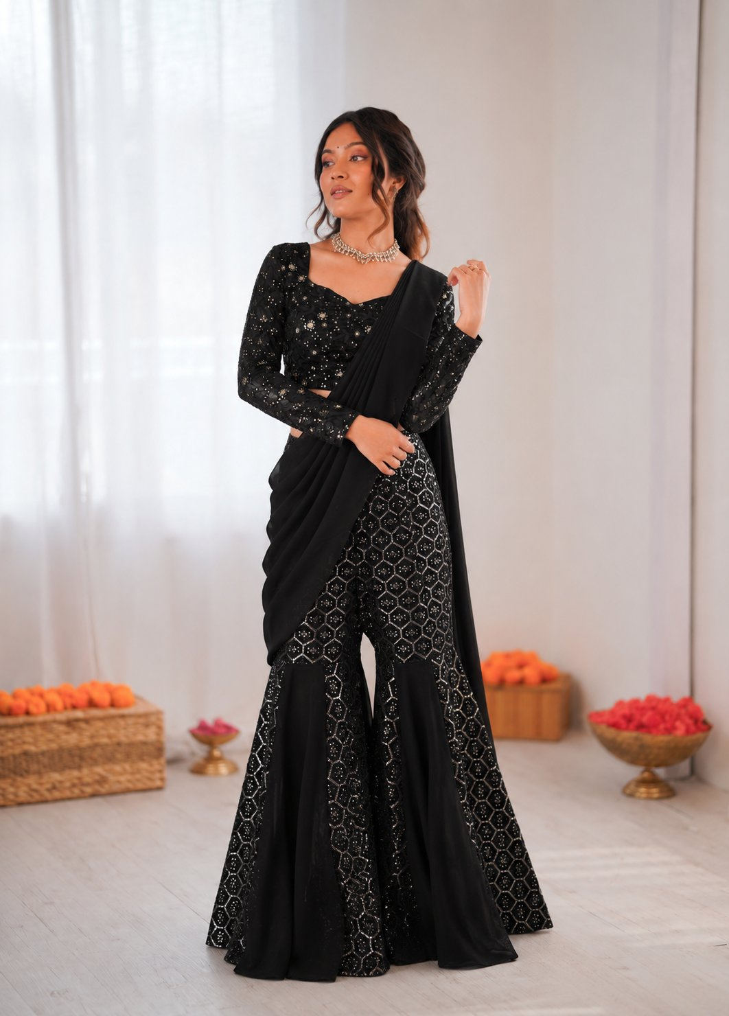 Prazu Fashion Black Georgette Thread With Sequence Western Sharara Suit | Grocsy