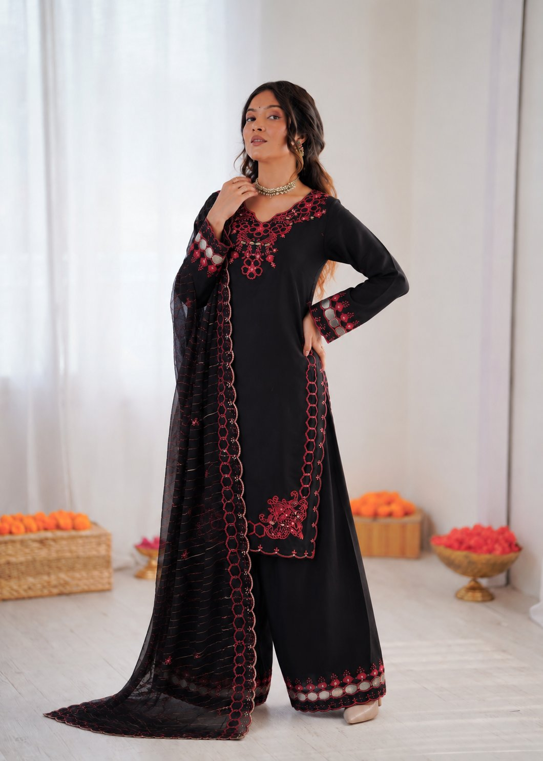 Prazu Fashion Black Mull Chanderi Silk Thread Work Farshi Salwar Suit | Grocsy