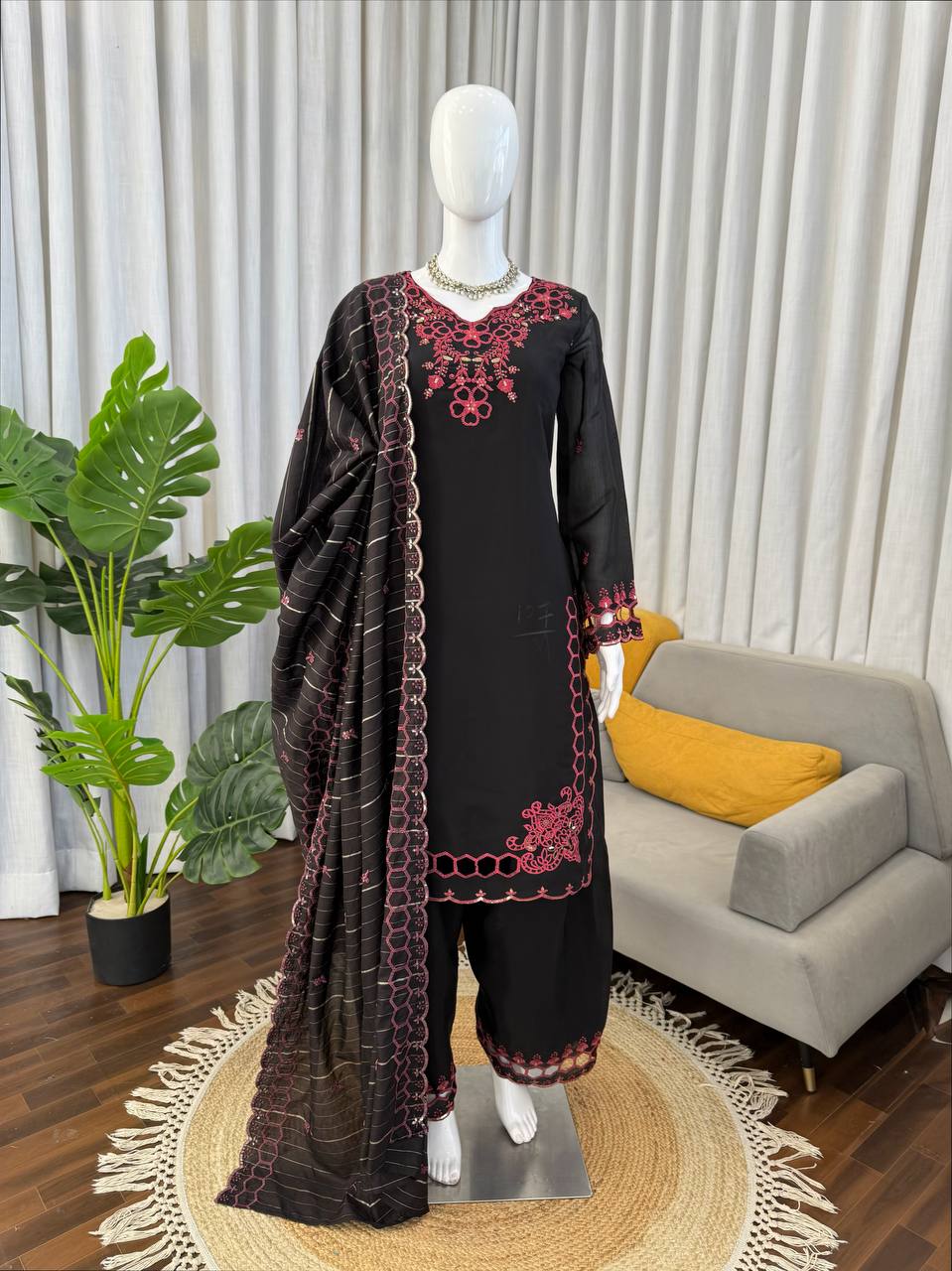 Prazu Fashion Black Mull Chanderi Silk Thread Work Farshi Salwar Suit | Grocsy