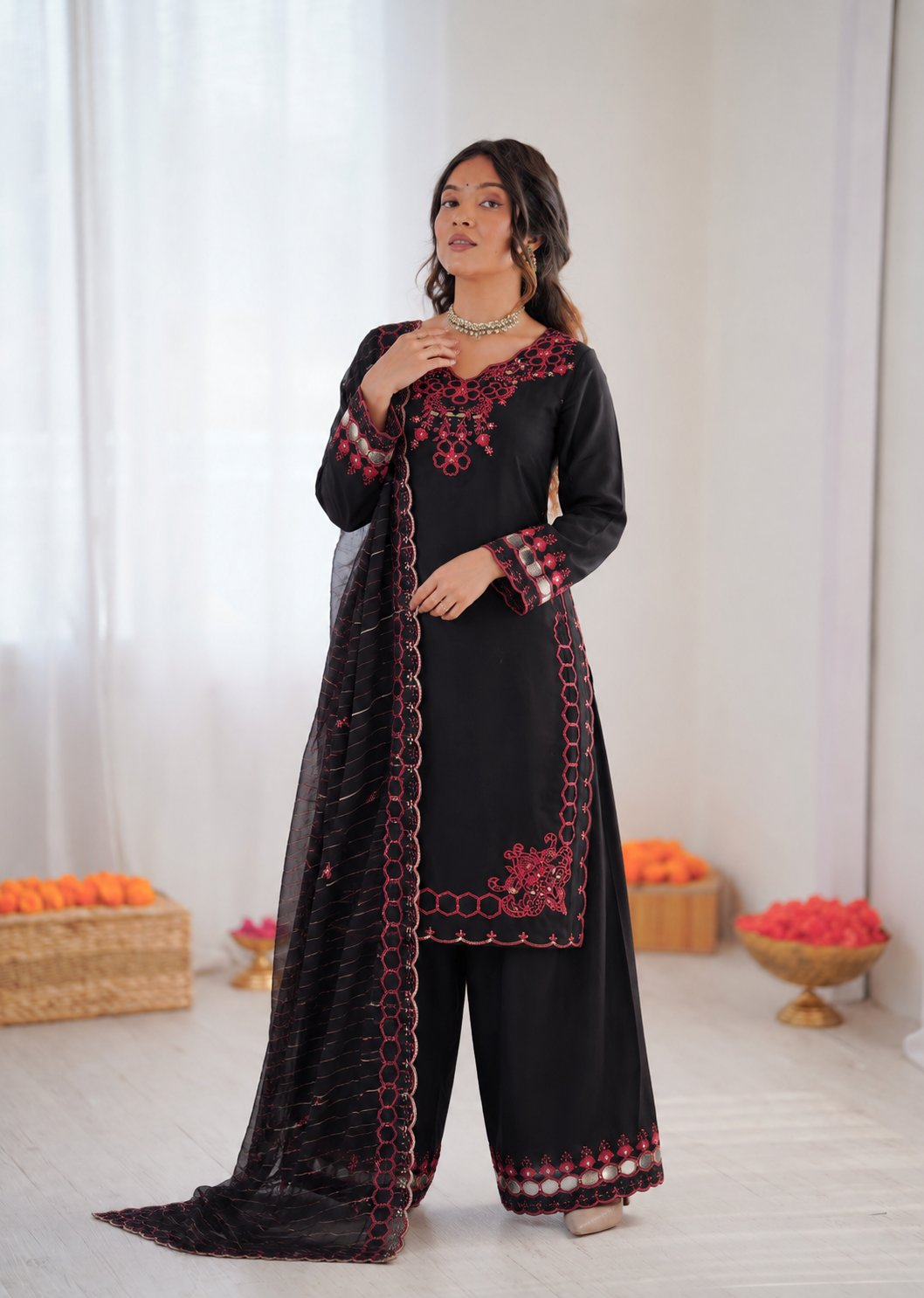 Prazu Fashion Black Mull Chanderi Silk Thread Work Farshi Salwar Suit | Grocsy