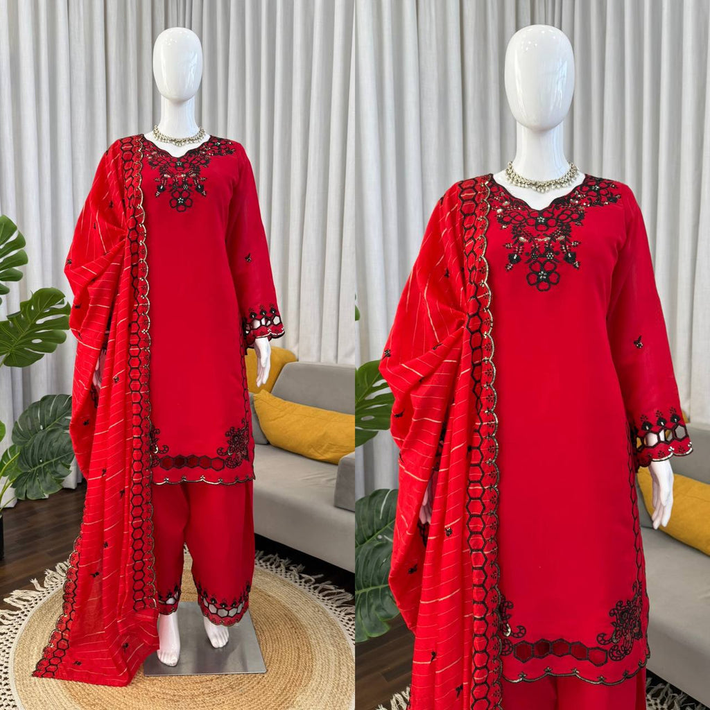 Prazu Fashion Red Mull Chanderi Silk Thread Work Farshi Salwar Suit | Grocsy