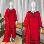 Prazu Fashion Red Mull Chanderi Silk Thread Work Farshi Salwar Suit | Grocsy