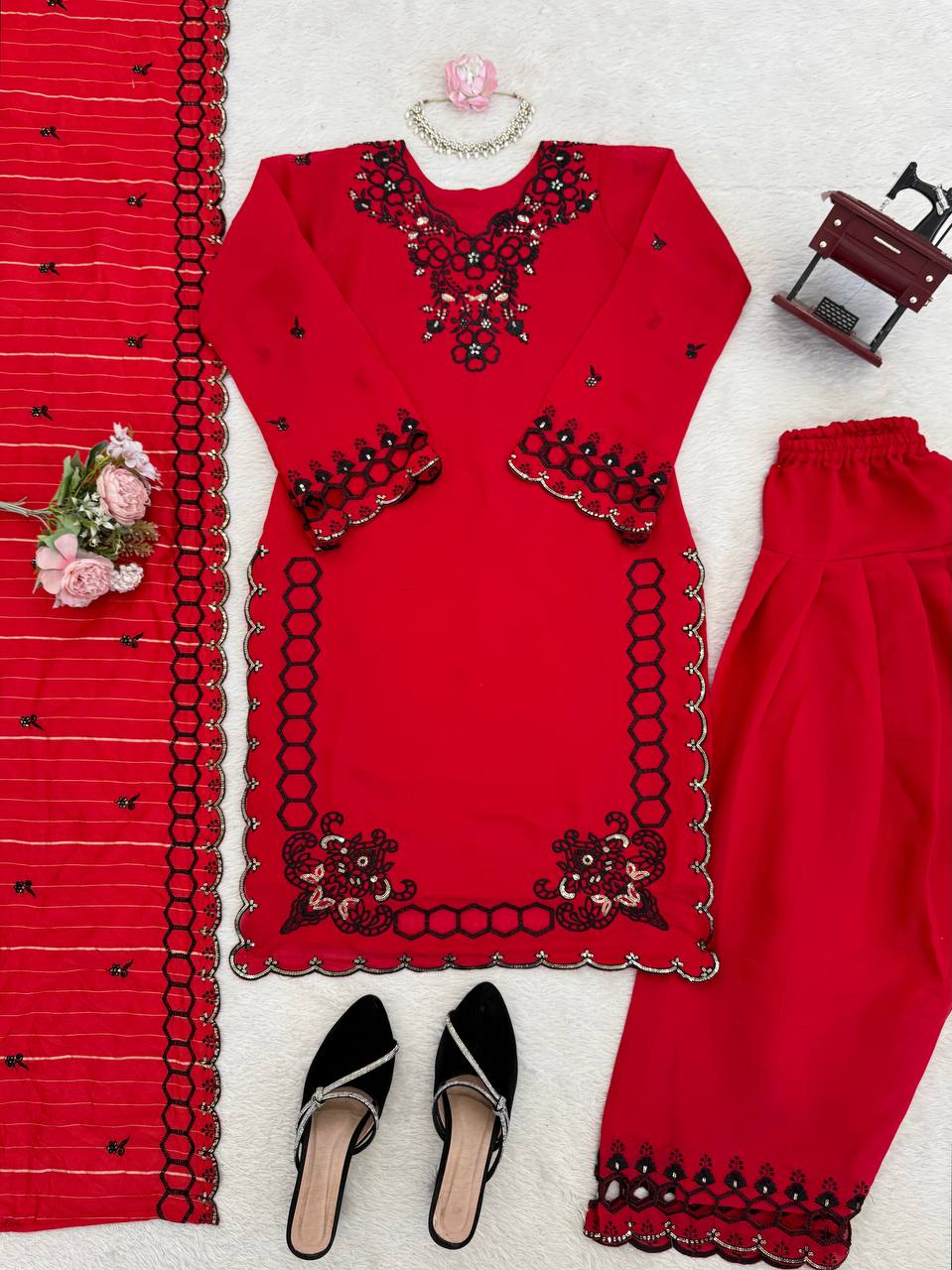 Prazu Fashion Red Mull Chanderi Silk Thread Work Farshi Salwar Suit | Grocsy