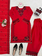 Prazu Fashion Red Mull Chanderi Silk Thread Work Farshi Salwar Suit | Grocsy