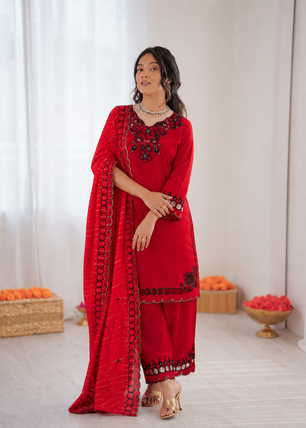 Prazu Fashion Red Mull Chanderi Silk Thread Work Farshi Salwar Suit | Grocsy