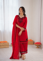 Prazu Fashion Red Mull Chanderi Silk Thread Work Farshi Salwar Suit | Grocsy