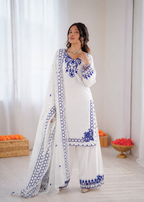 Prazu Fashion Off White Mull Chanderi Silk Thread Work Farshi Salwar Suit | Grocsy