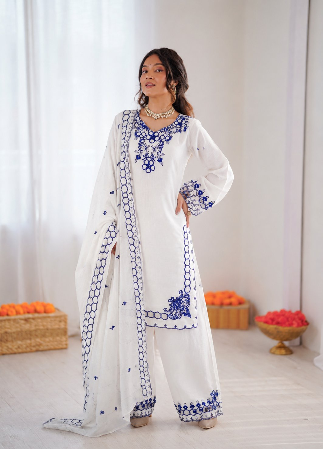 Prazu Fashion Off White Mull Chanderi Silk Thread Work Farshi Salwar Suit | Grocsy