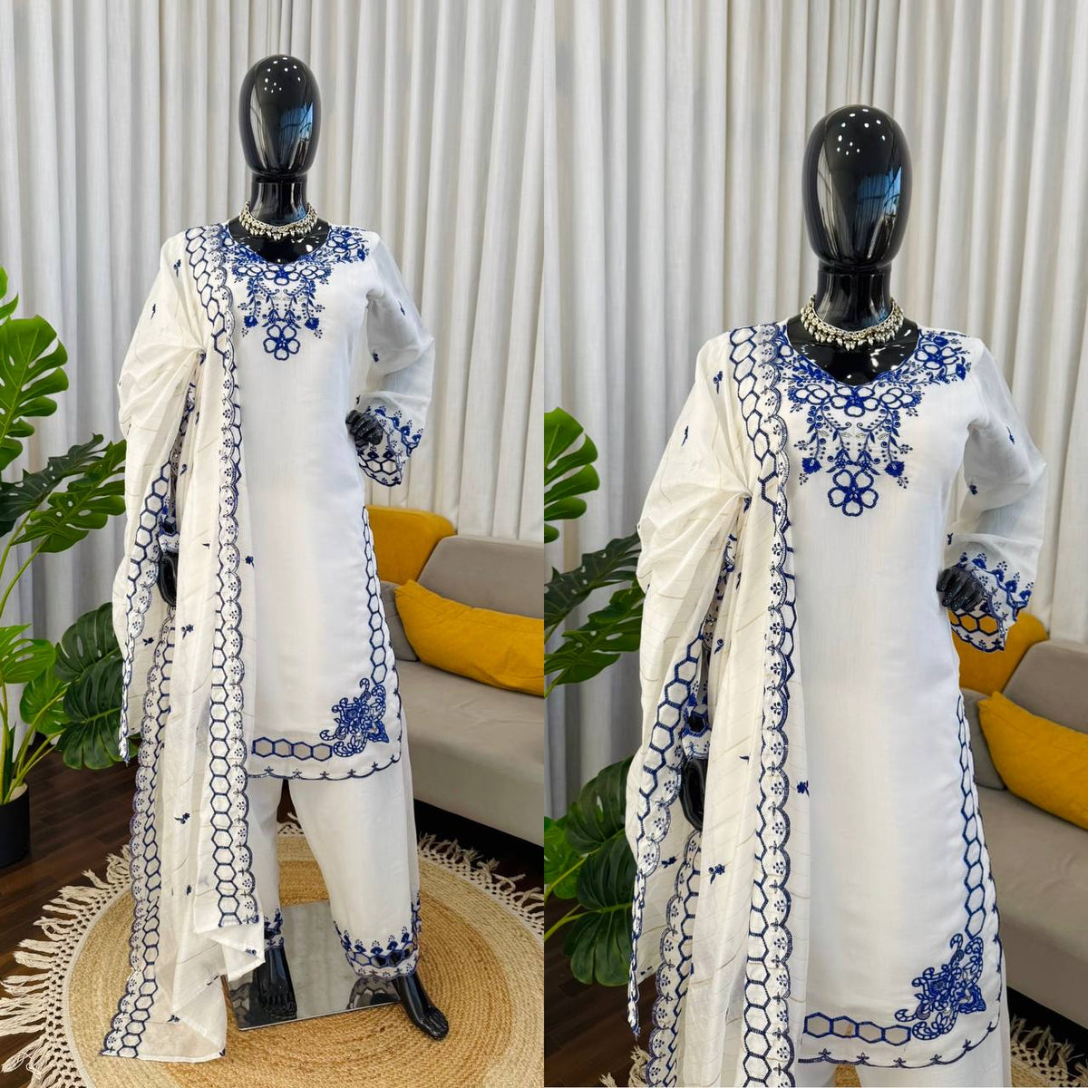 Prazu Fashion Off White Mull Chanderi Silk Thread Work Farshi Salwar Suit | Grocsy