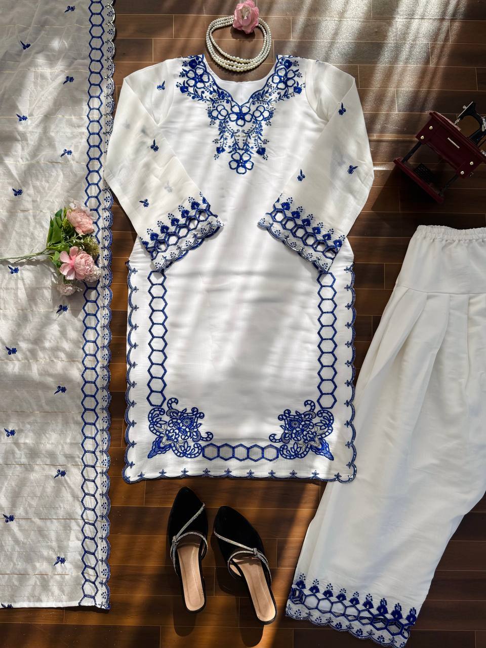 Prazu Fashion Off White Mull Chanderi Silk Thread Work Farshi Salwar Suit | Grocsy
