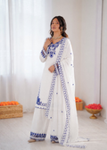 Prazu Fashion Off White Mull Chanderi Silk Thread Work Farshi Salwar Suit | Grocsy