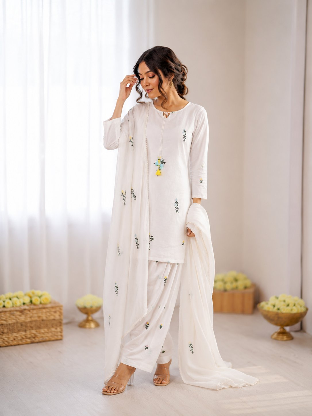 Prazu Fashion Off White Mull Chanderi Silk Thread Work Farshi Salwar Suit | Grocsy