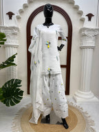 Prazu Fashion Off White Mull Chanderi Silk Thread Work Farshi Salwar Suit | Grocsy