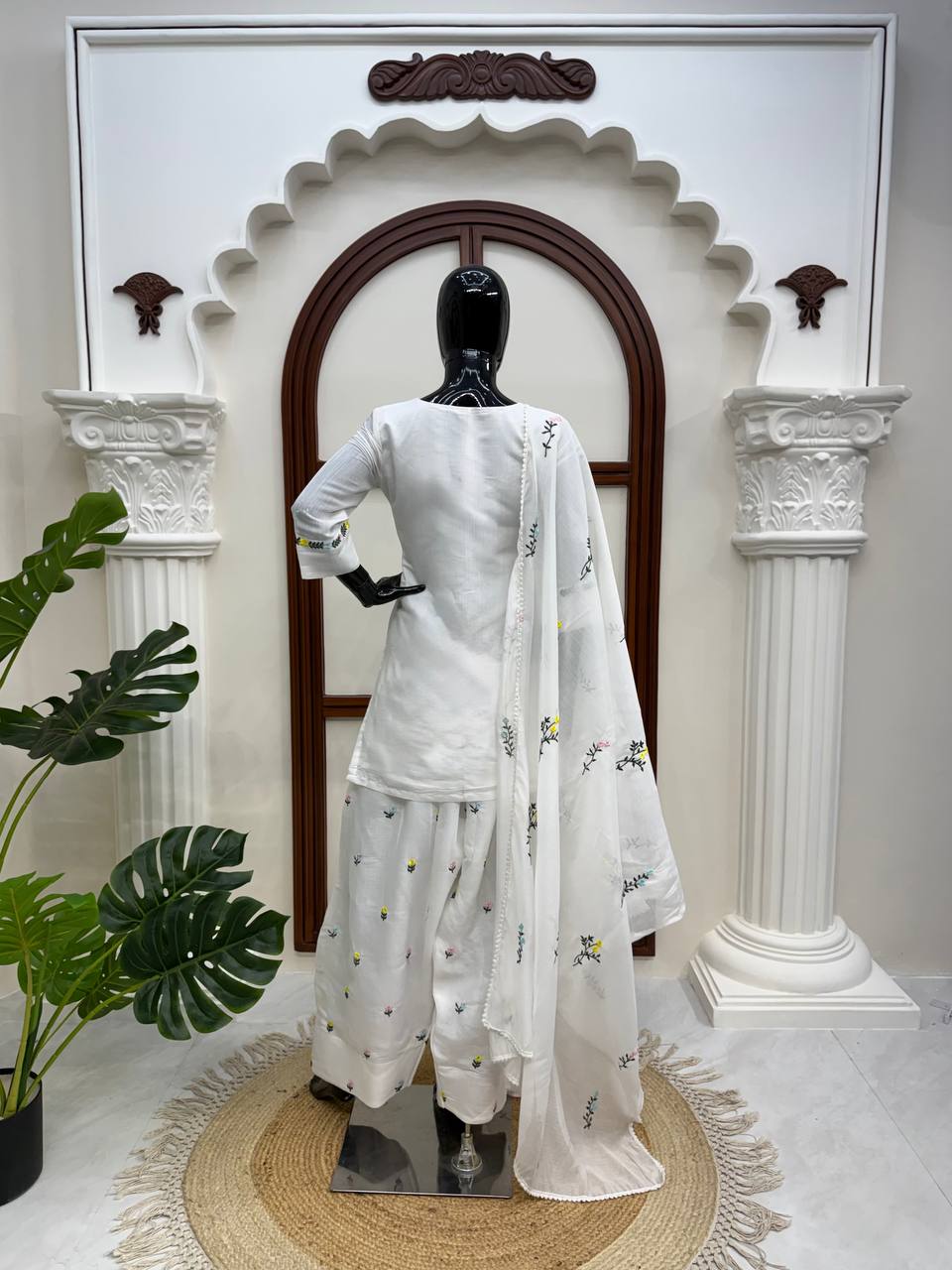 Prazu Fashion Off White Mull Chanderi Silk Thread Work Farshi Salwar Suit | Grocsy