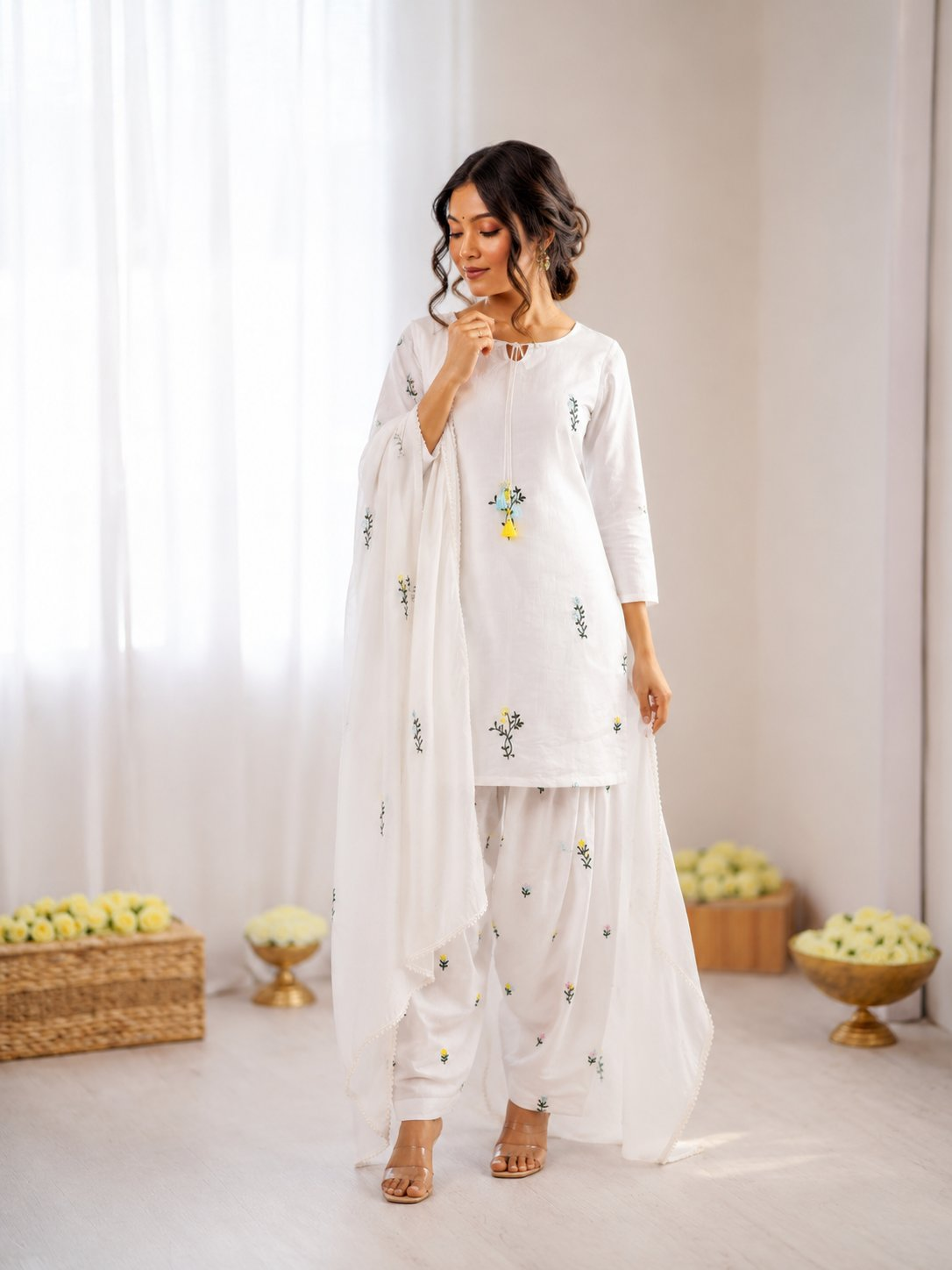 Prazu Fashion Off White Mull Chanderi Silk Thread Work Farshi Salwar Suit | Grocsy