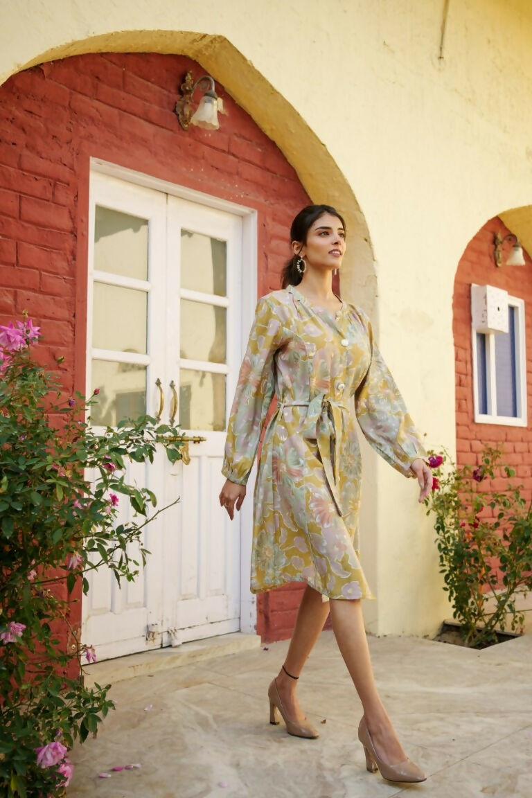 Vaasva Women Green Muslin Floral Printed Knee Length Dress | Grocsy