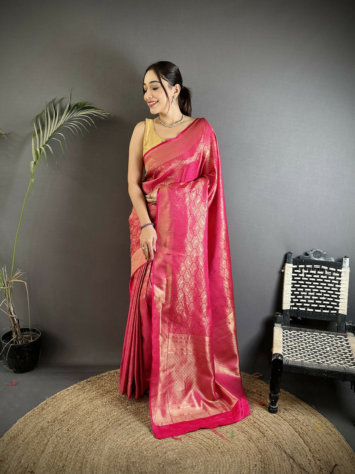 Joban Fashion Rani Pink Paisley & Floral Soft Satin Silk Banarasi Silk Saree | Grocsy
