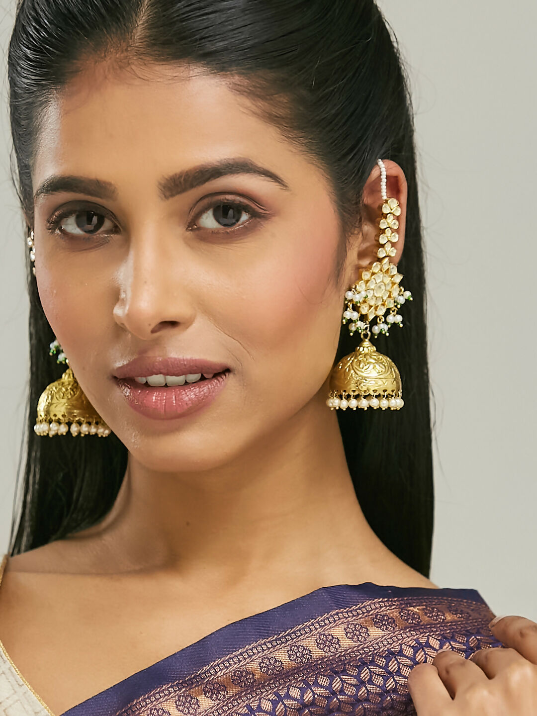 Nuyug 22K Gold-Plated Floral Jhumki Kundan Studded Kanauti Earrings | Grocsy