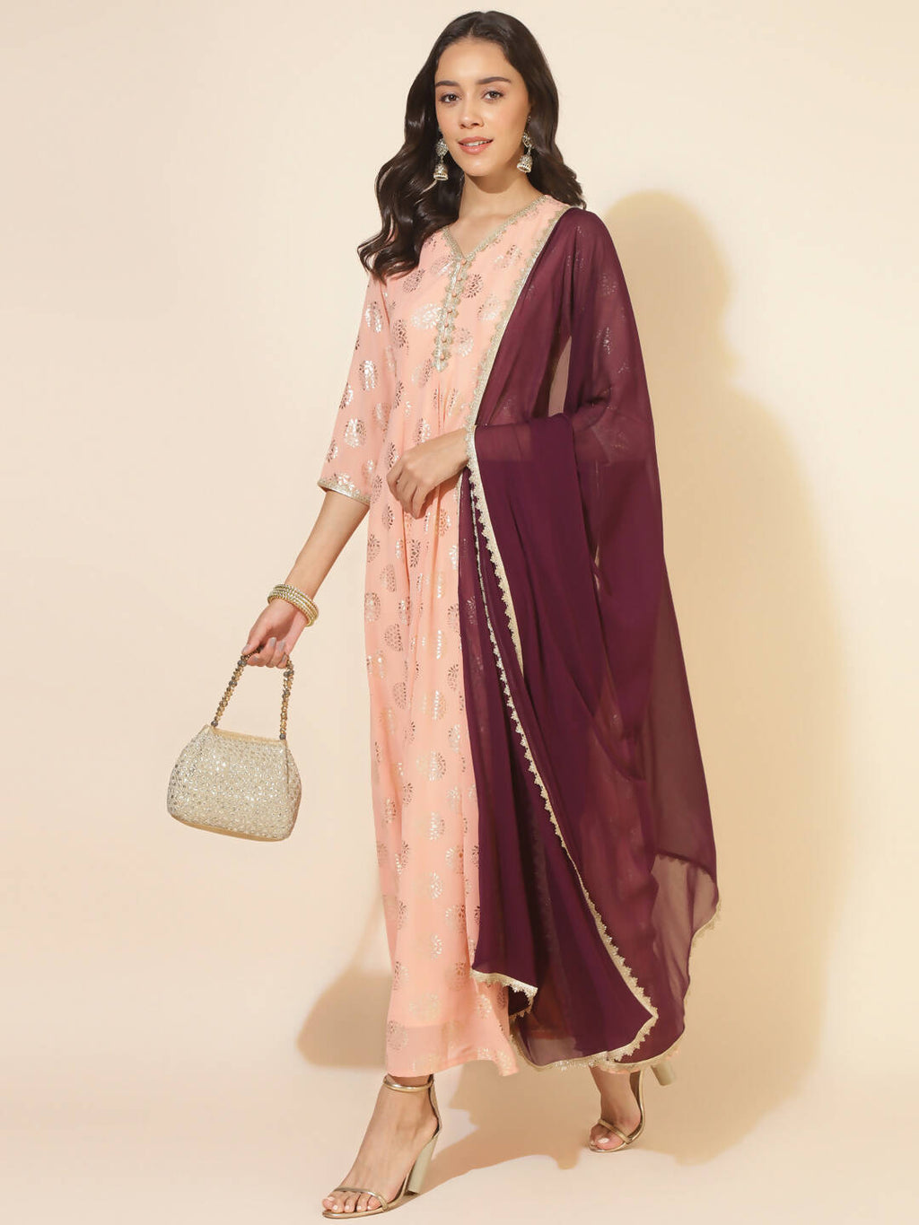 Janasya Women's Peach Georgette Foil Printed Festive Anarkali Kurta Set | Grocsy