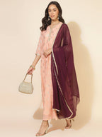 Janasya Women's Peach Georgette Foil Printed Festive Anarkali Kurta Set | Grocsy