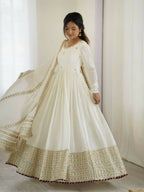 The52 Women's Gorgeous Chinon Silk Fabric Embroidery Work Flared Anarkali Pant and Dupatta Set | Grocsy