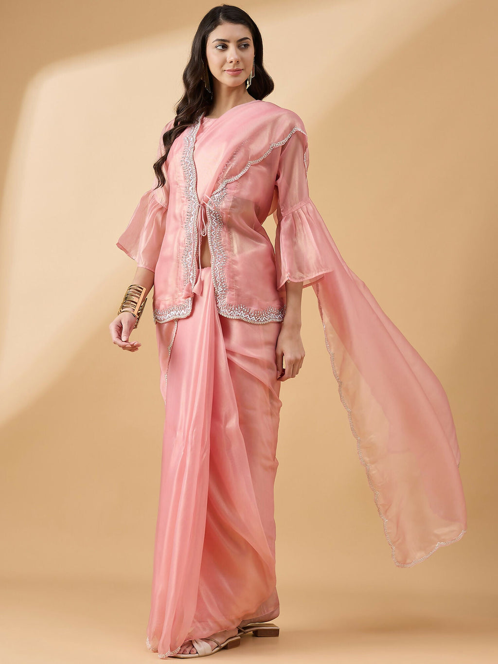 Peach Chiffon Solid Saree with Stitched Blouse & Stone Work Shrug - Dharavi | Grocsy