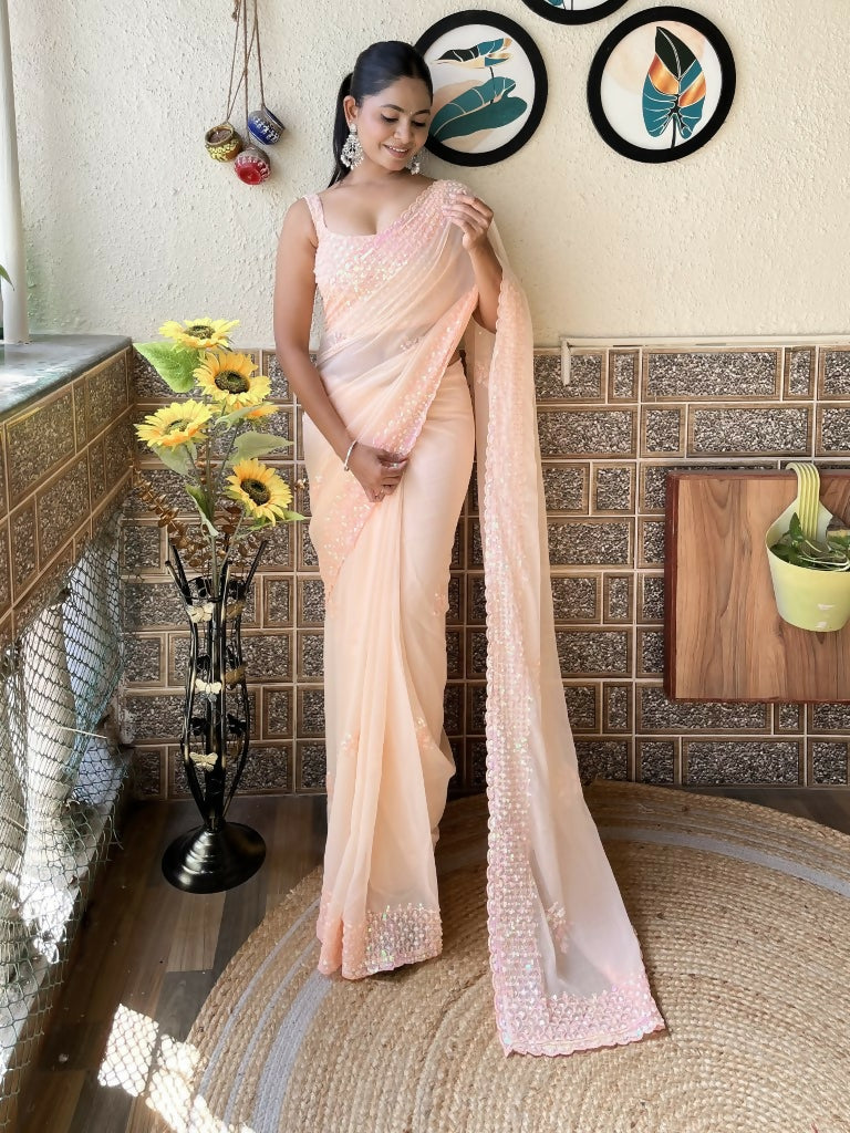 Peach Georgette Sequence Embroidery Cut Work Saree - Saadia | Grocsy