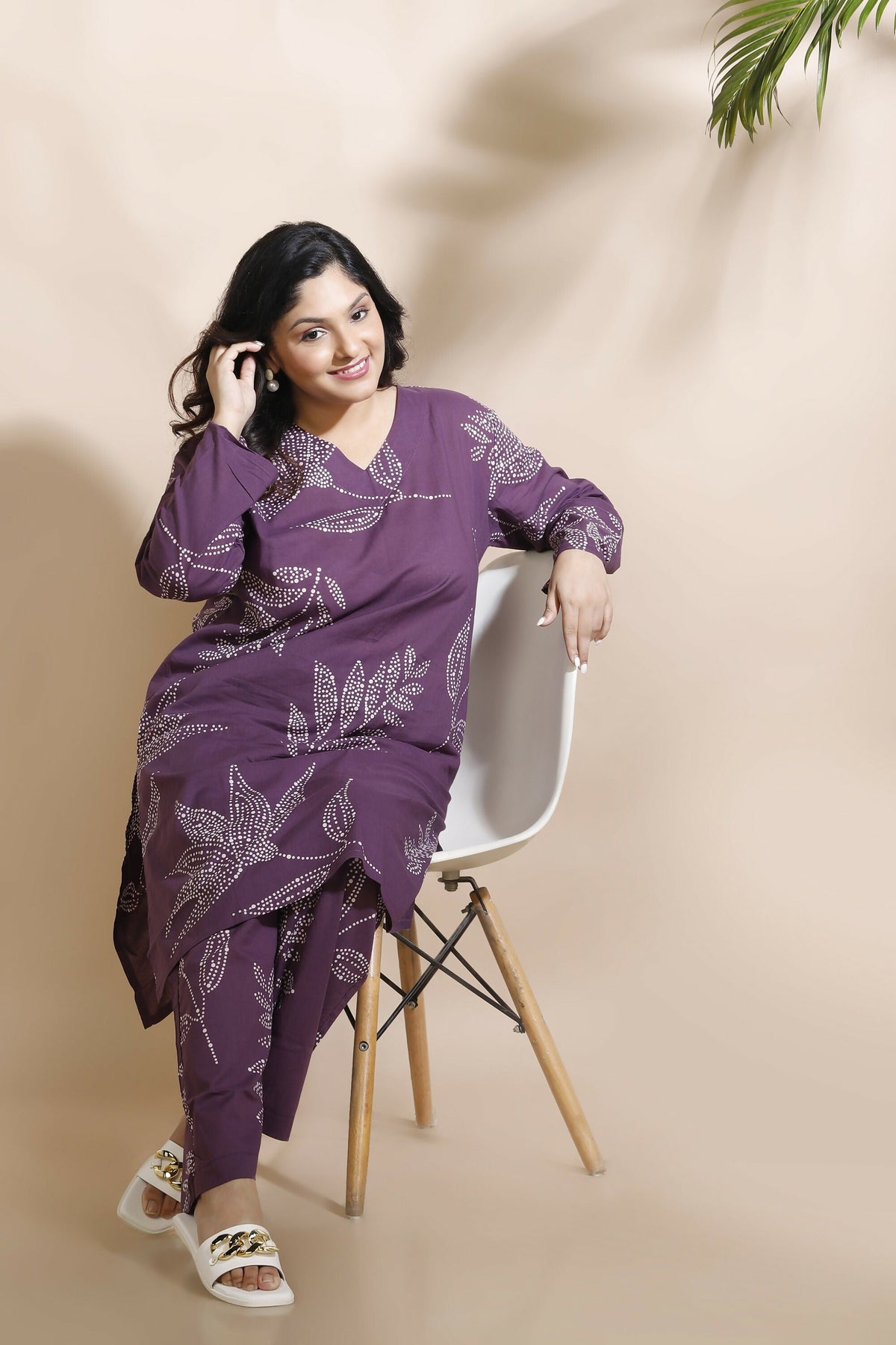 Breathables Women’S Purple Cotton Abstract Print Loungewear Co-Ord Set – Long Kurta & Pants | Grocsy